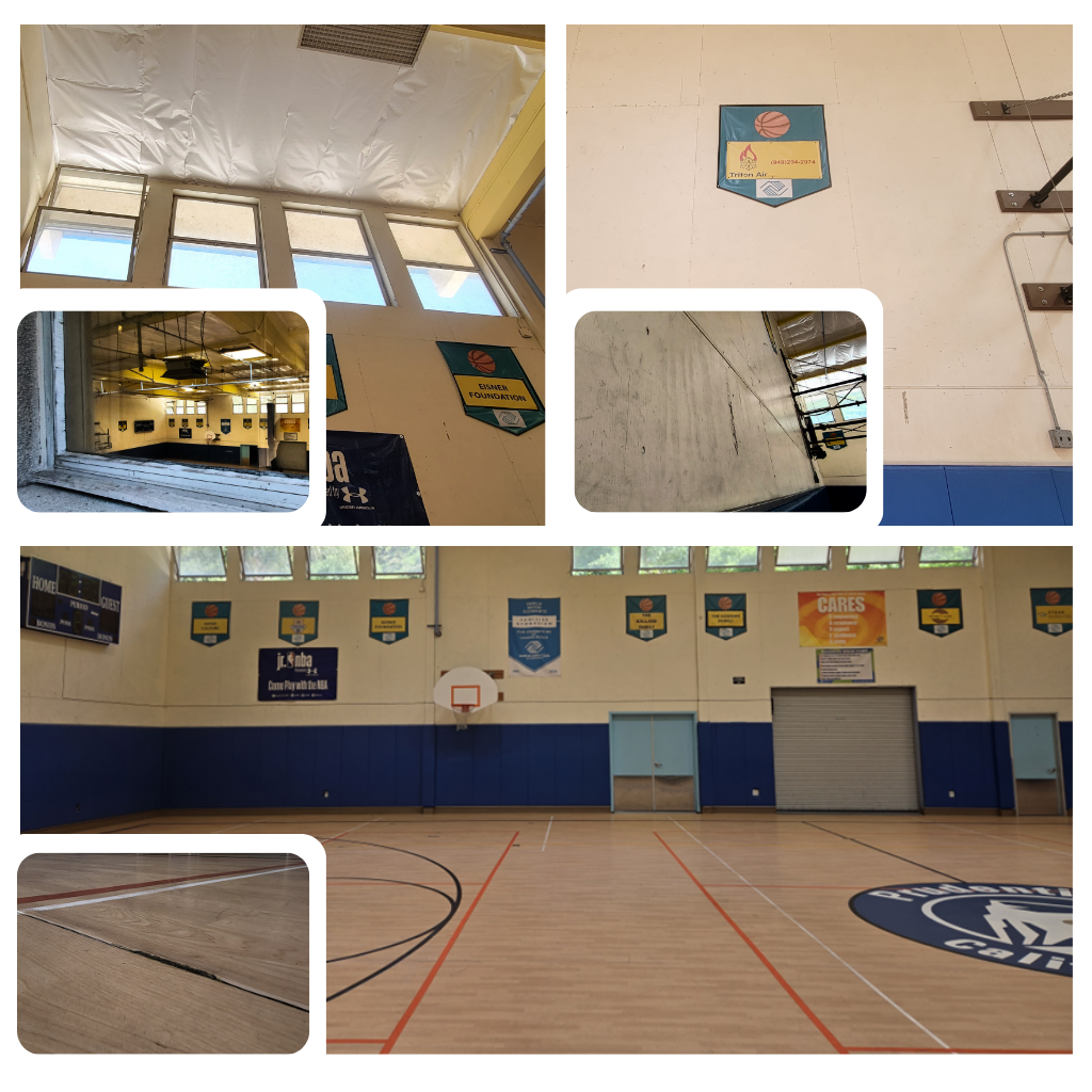 Collage of an indoor gym showing a basketball court, wall banners, windows, and close-up views of worn flooring, wall cracks, and ceiling areas.
