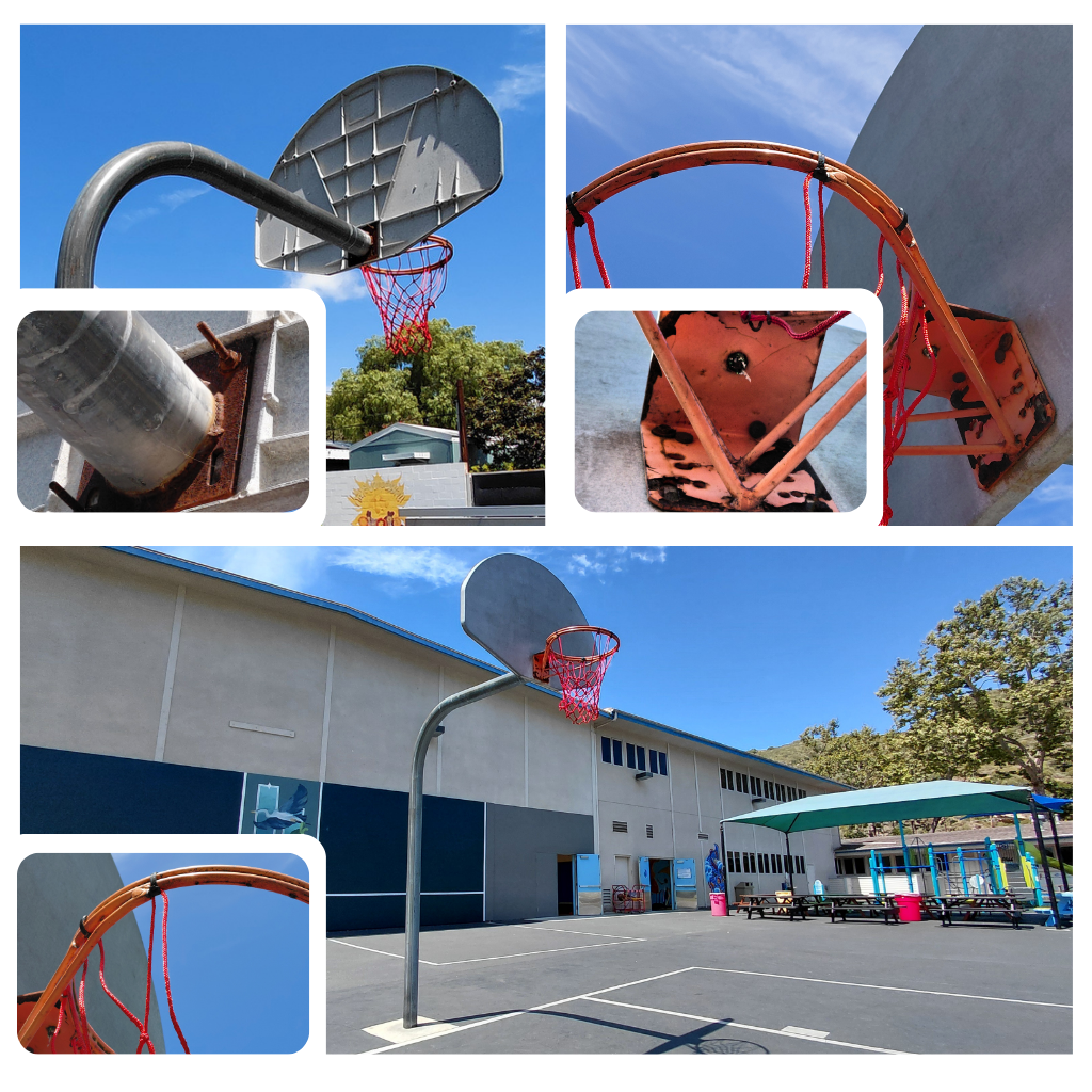Worn outdoor basketball hoops at Boys and Girls Club play yard showing rusted rims, damaged nets, and aging equipment